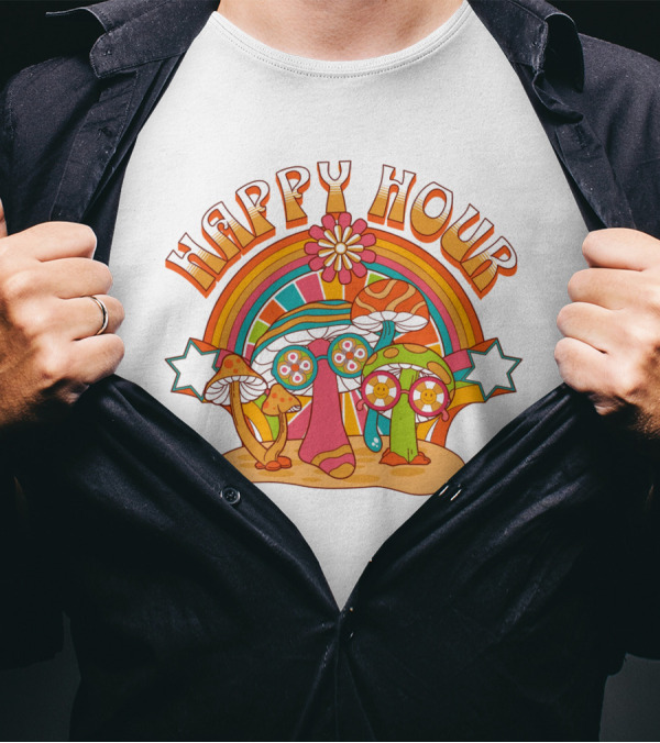 Happy Hour Psychedelic Mushroom Rainbow 70s T-Shirt