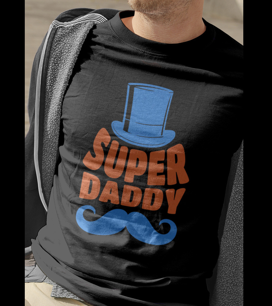 Super Daddy Mustache Top Hat Blue T-Shirt