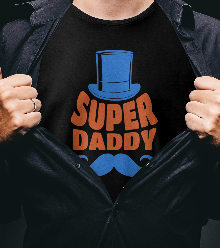 Super Daddy Mustache Top Hat Blue T-Shirt