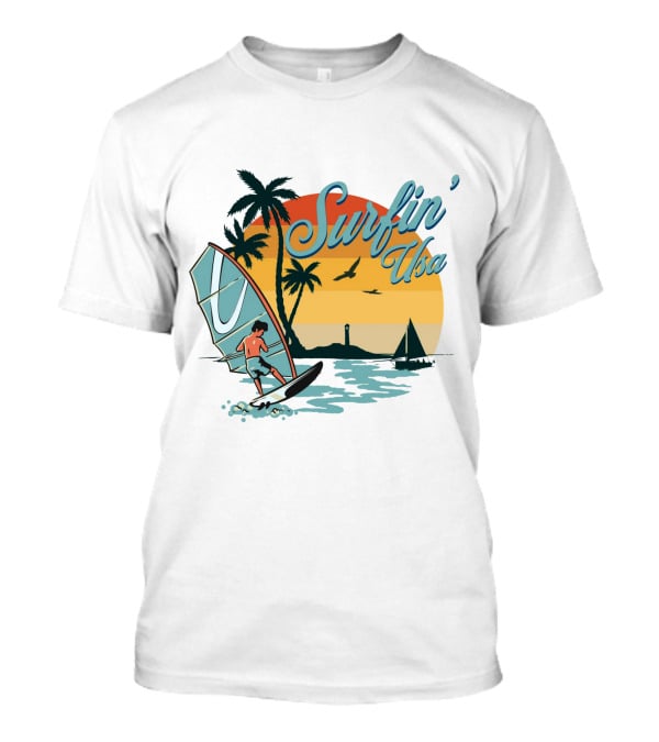 Surfin' Usa Retro Sunset Windsurfer Palm Trees Ocean Scene T-Shirt