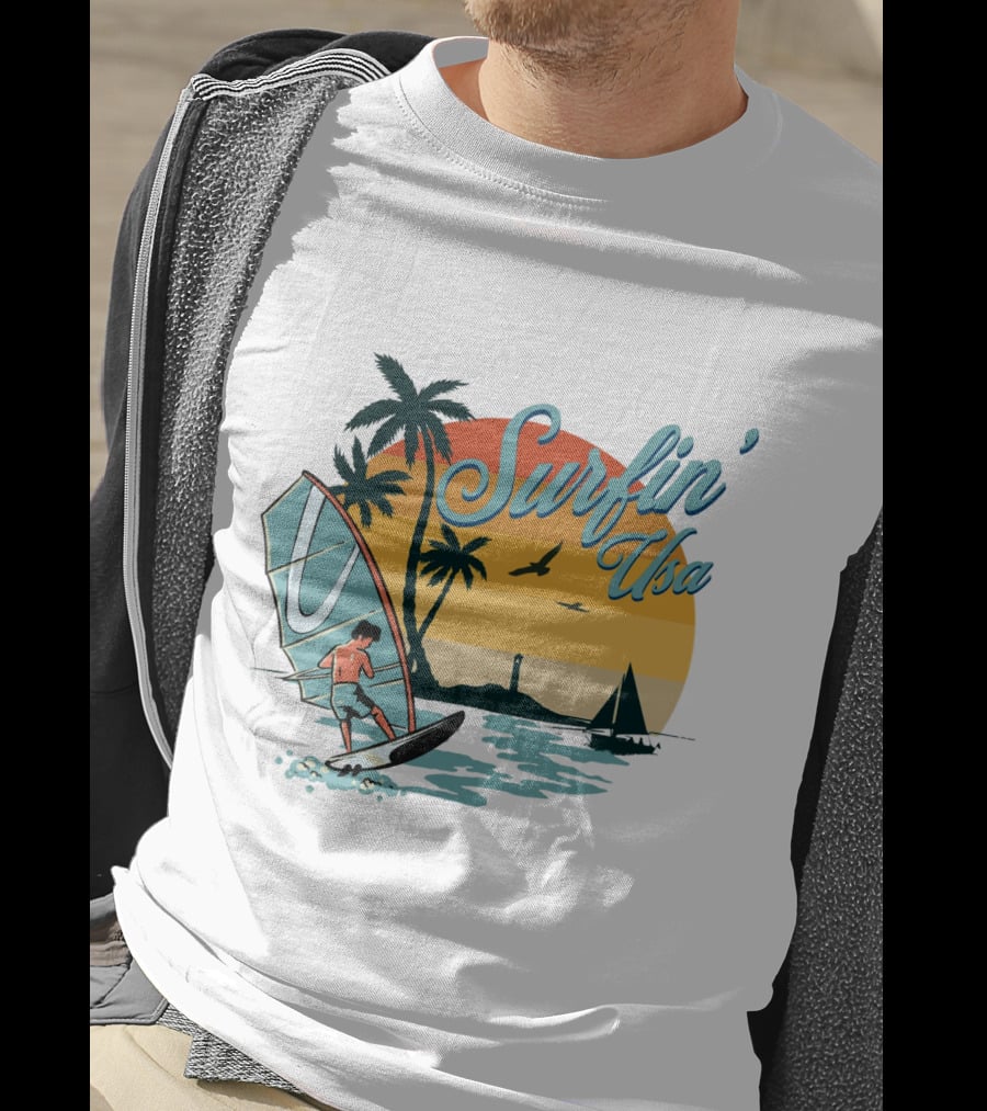 Surfin' Usa Retro Sunset Windsurfer Palm Trees Ocean Scene T-Shirt