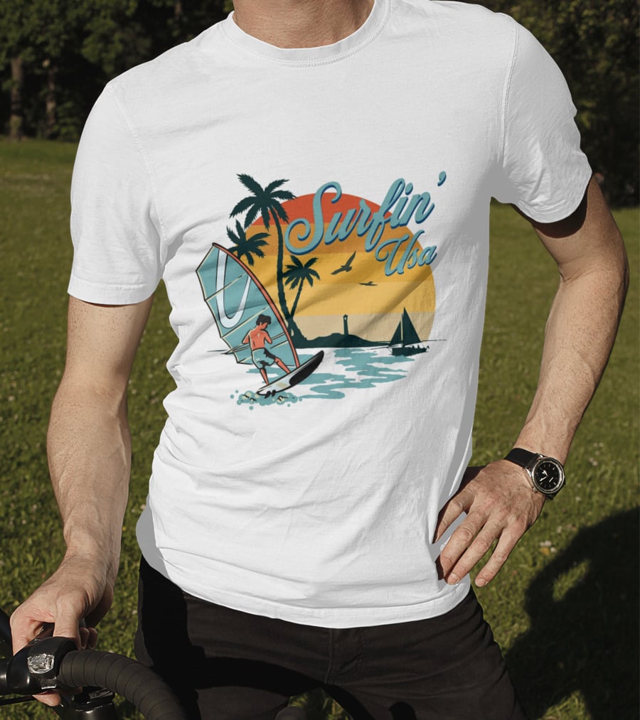 Surfin' Usa Retro Sunset Windsurfer Palm Trees Ocean Scene T-Shirt
