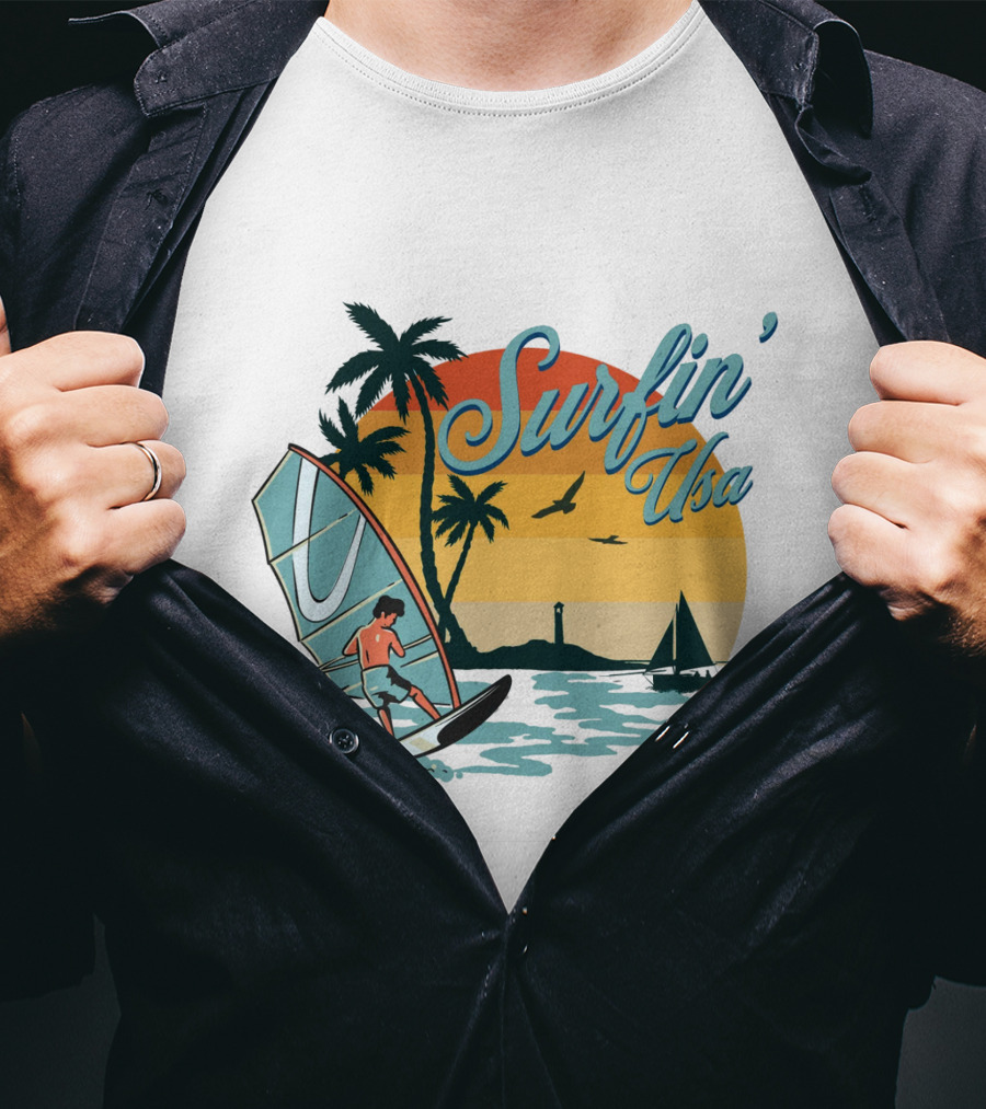 Surfin' Usa Retro Sunset Windsurfer Palm Trees Ocean Scene T-Shirt