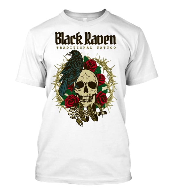 Black Raven Traditional Tattoo Skull Roses Thorns T-Shirt