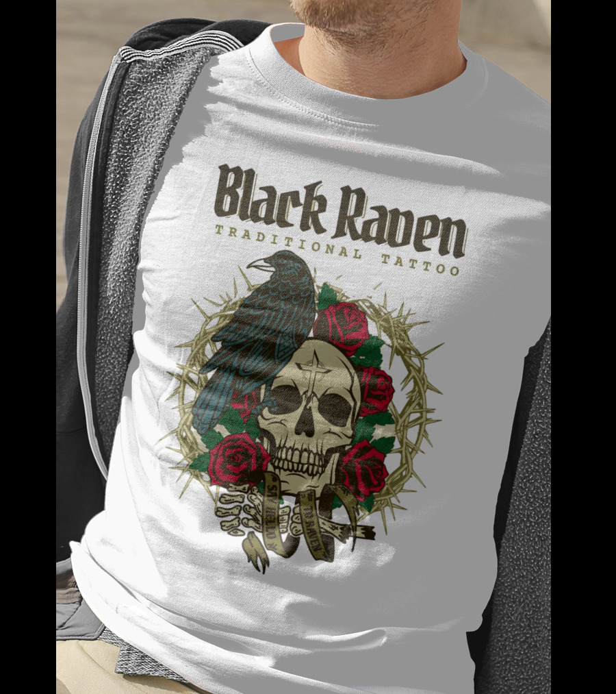 Black Raven Traditional Tattoo Skull Roses Thorns T-Shirt