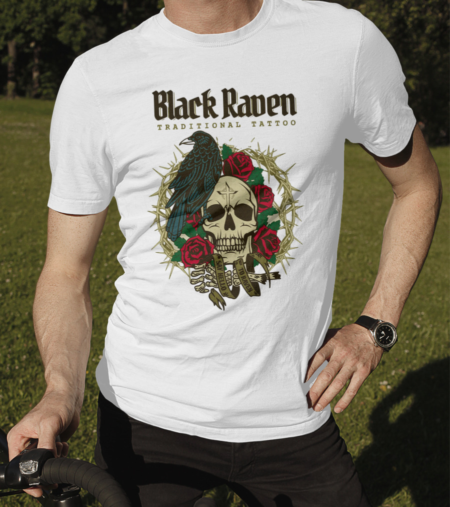 Black Raven Traditional Tattoo Skull Roses Thorns T-Shirt