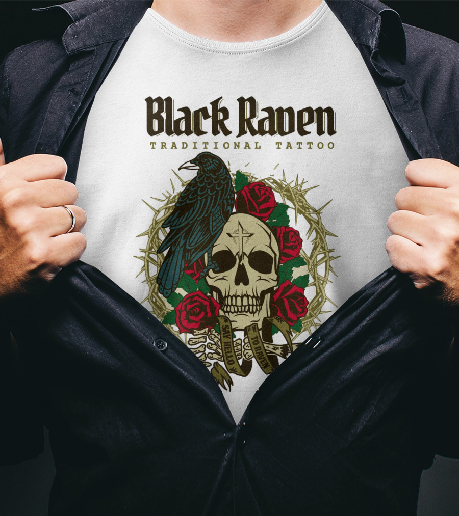 Black Raven Traditional Tattoo Skull Roses Thorns T-Shirt