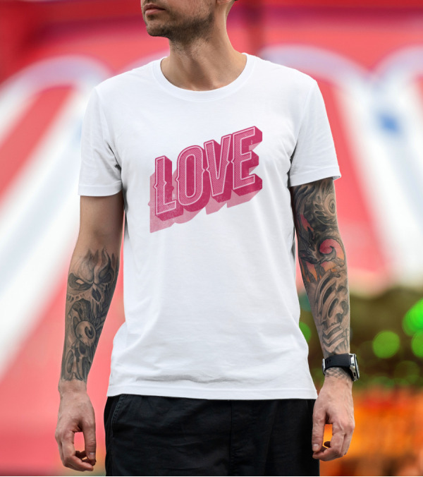 Premium T-Shirt: Love Lettering Typography Valentine's Day Pink 3D Effect T-Shirt Love Lettering Typography Valentine's Day Pink 3D Effect T-Shirt