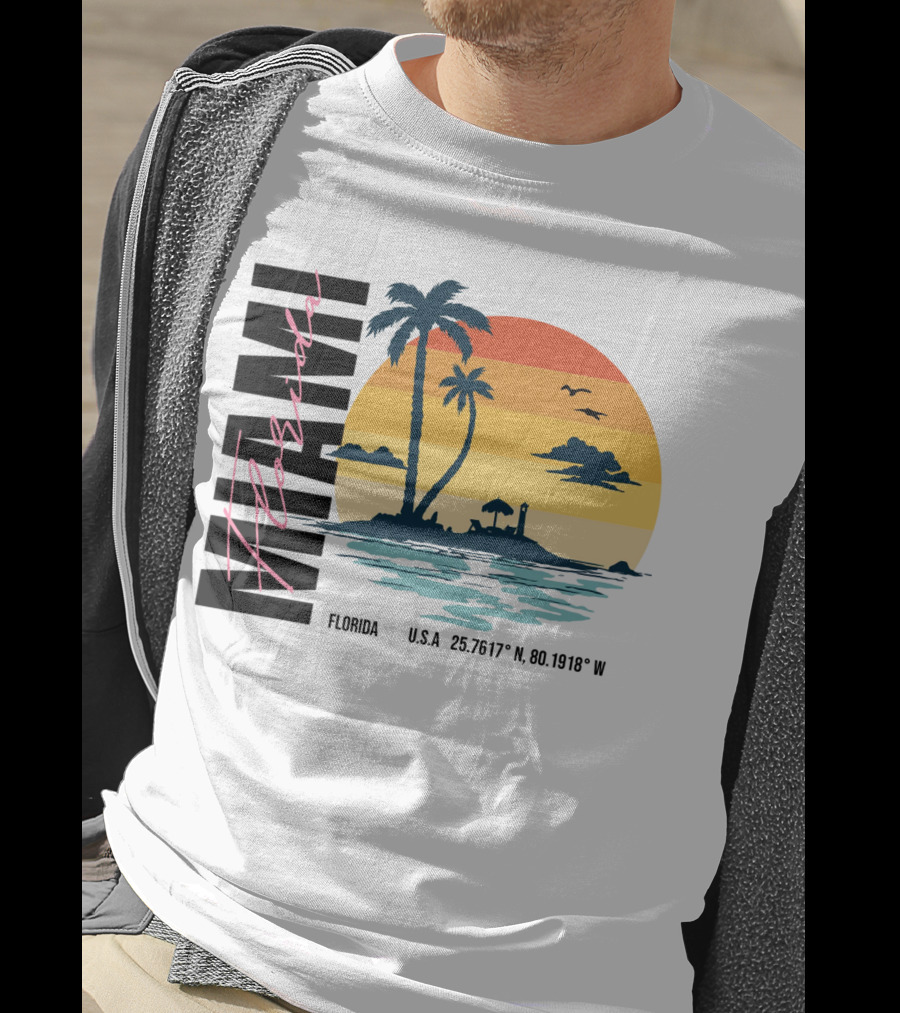 Florida Miami Beach Sunset Coordinates Palm Trees T-Shirt