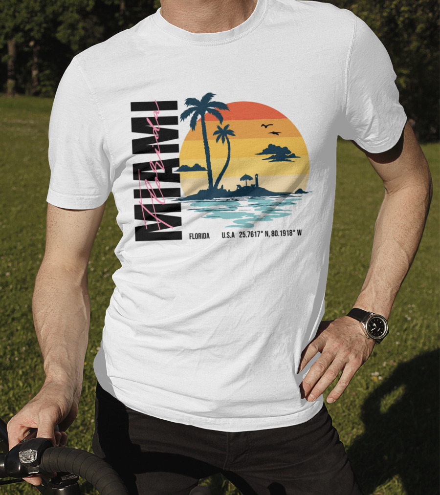 Florida Miami Beach Sunset Coordinates Palm Trees T-Shirt