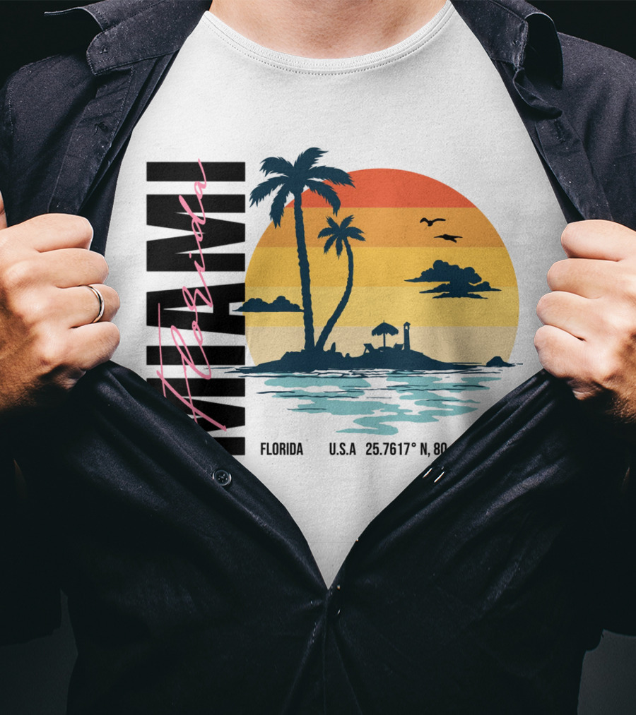 Florida Miami Beach Sunset Coordinates Palm Trees T-Shirt