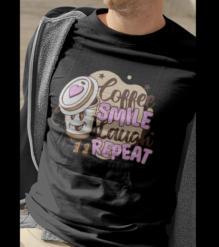 Coffee Smile Laugh Repeat Cartoon Mascot Happiness T-Shirt