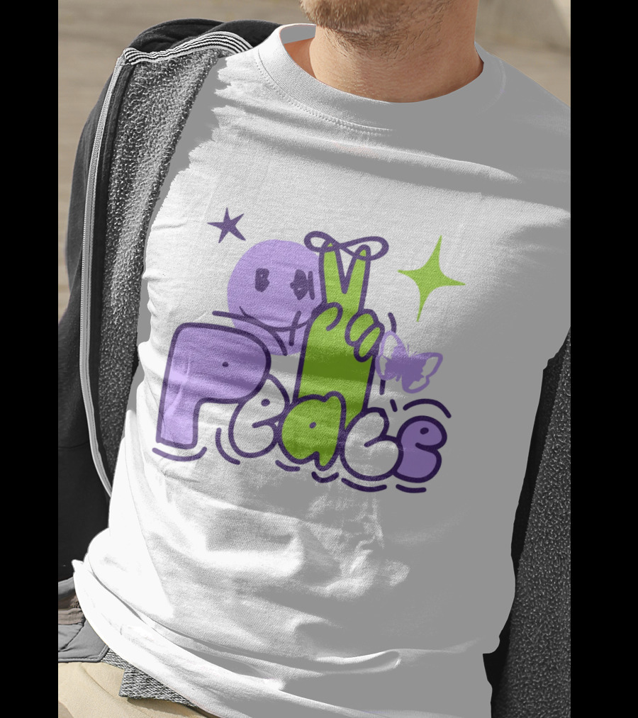 Peace Doodle Smiley Face Butterfly Star Purple Green T-Shirt