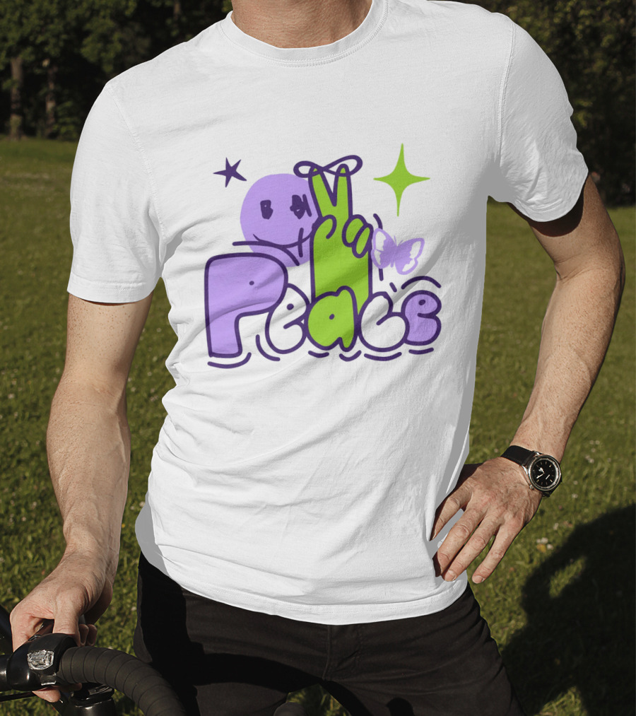 Peace Doodle Smiley Face Butterfly Star Purple Green T-Shirt