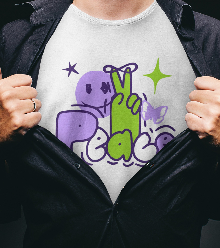 Peace Doodle Smiley Face Butterfly Star Purple Green T-Shirt