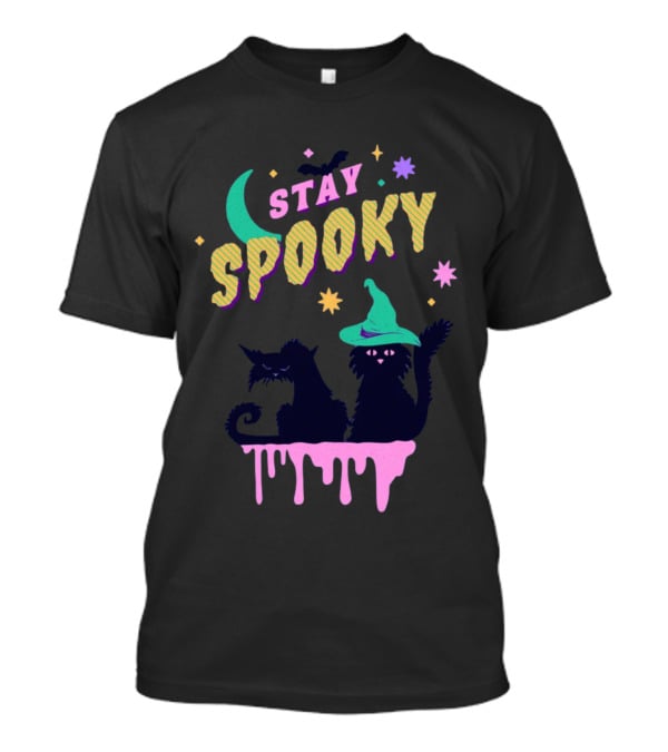 Stay Spooky Halloween Cats Moon Witch Hat Dripping Stars T-Shirt