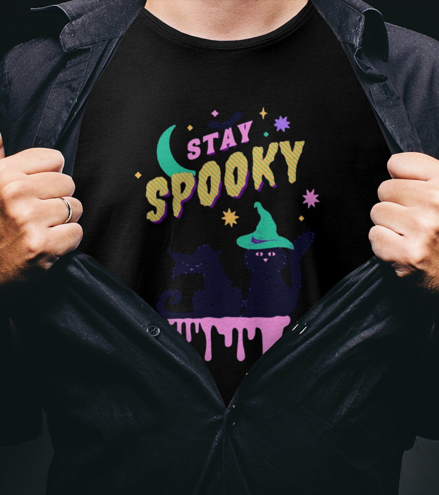 Stay Spooky Halloween Cats Moon Witch Hat Dripping Stars T-Shirt