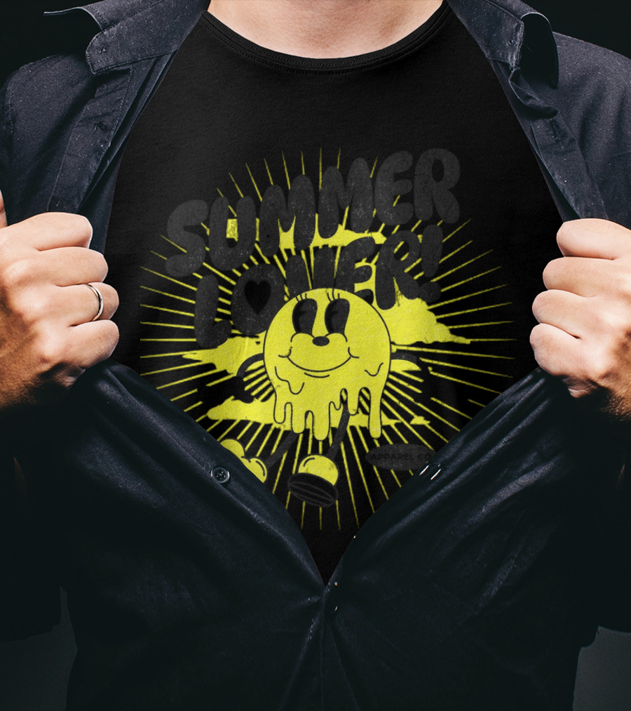 Summer Lover Cartoon Melting Smiley With Radiant Sunburst Background T-Shirt