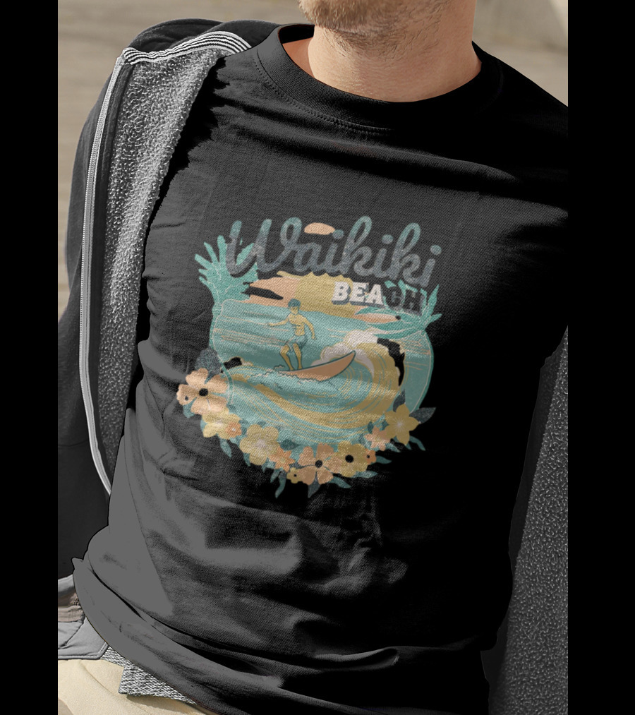 Waikiki Beach Vintage Surfing Adventure Floral T-Shirt