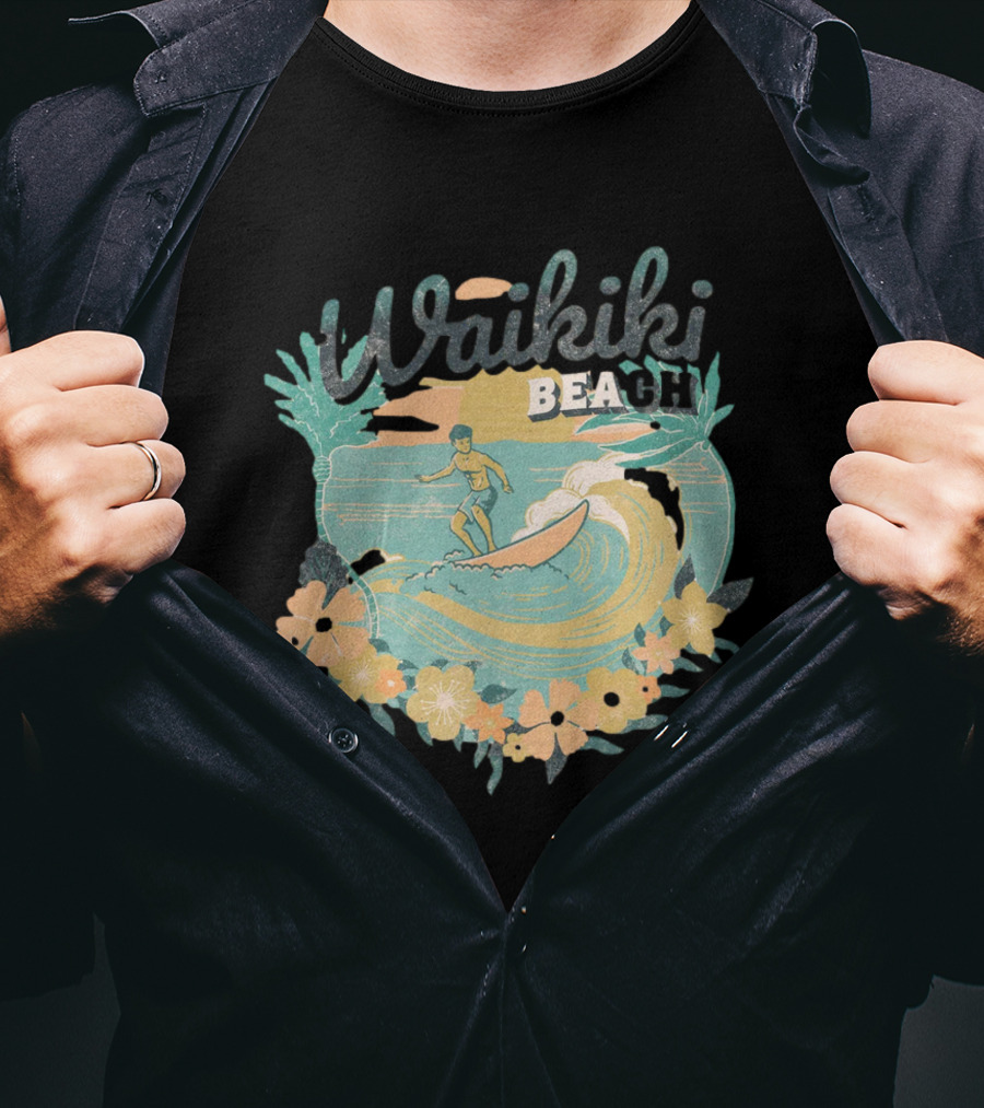 Waikiki Beach Vintage Surfing Adventure Floral T-Shirt