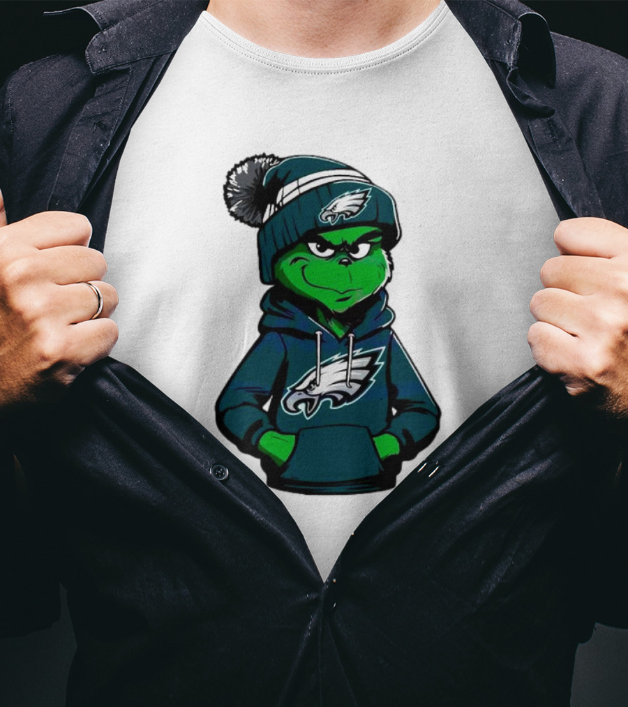 Grinch Dressed In Philadelphia Eagles Hoodie And Hat T-Shirt