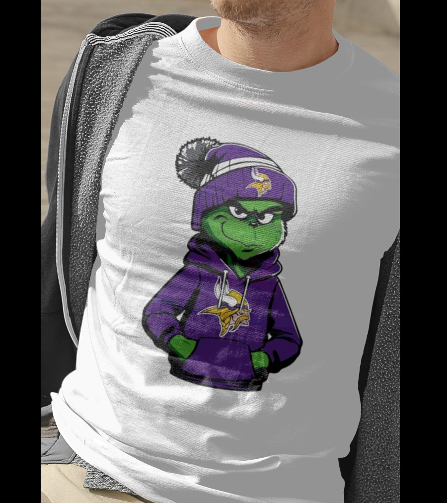 Grinch In Minnesota Vikings Hoodie And Hat With Team T-Shirt