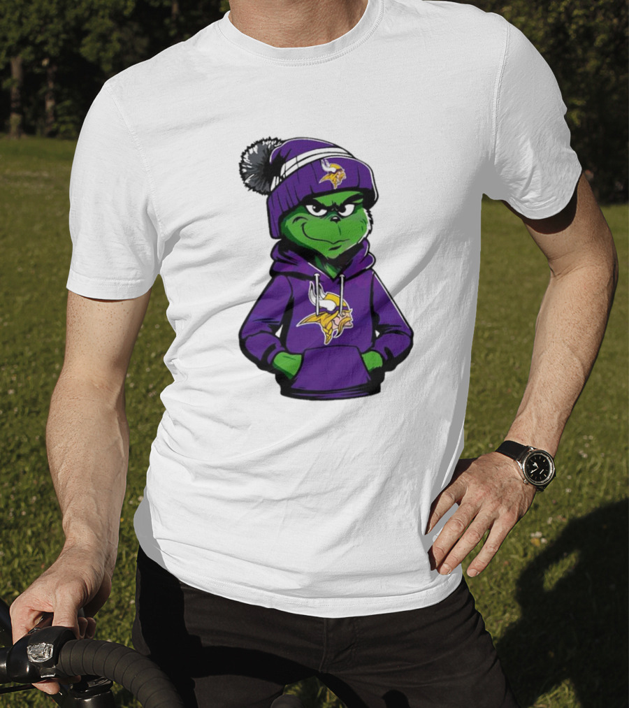 Grinch In Minnesota Vikings Hoodie And Hat With Team T-Shirt