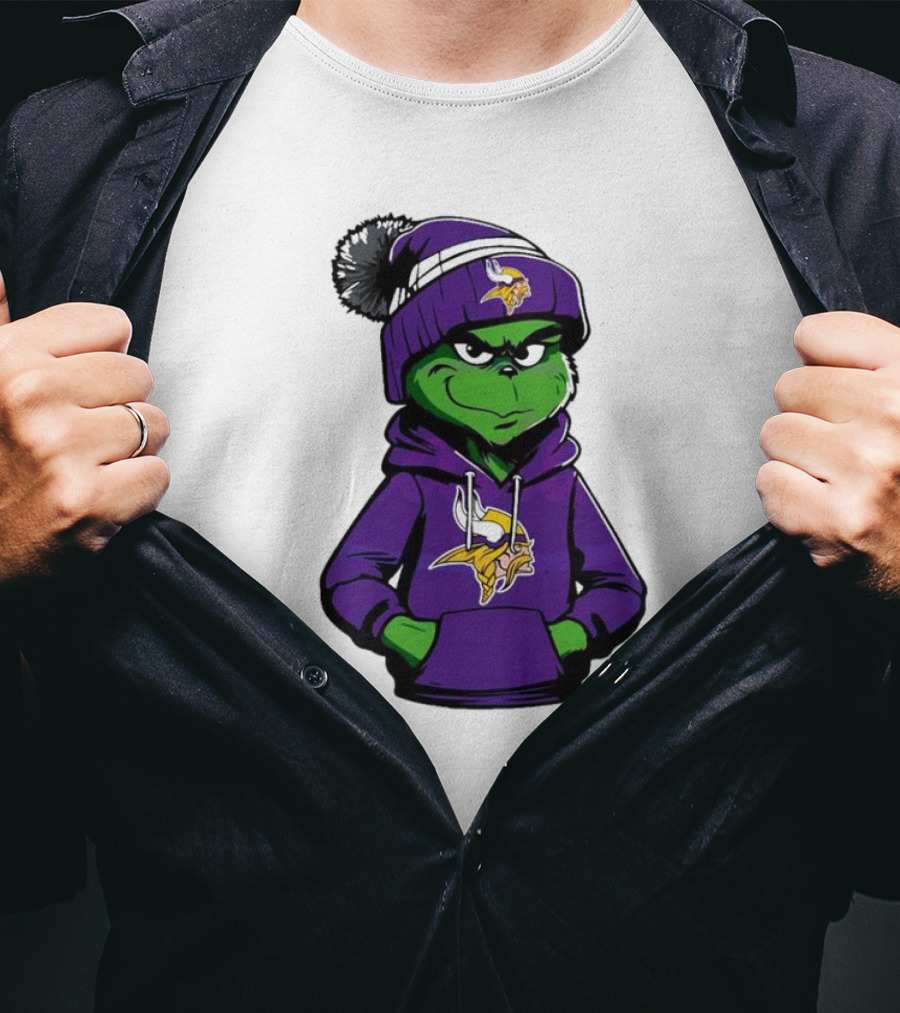 Grinch In Minnesota Vikings Hoodie And Hat With Team T-Shirt