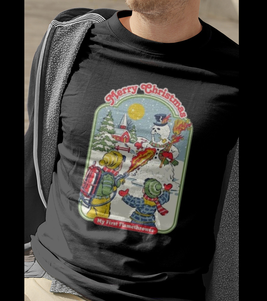 Merry Christmas My First Flamethrower Vintage Snowman Scene T-Shirt