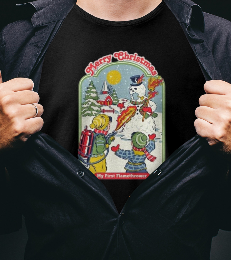 Merry Christmas My First Flamethrower Vintage Snowman Scene T-Shirt