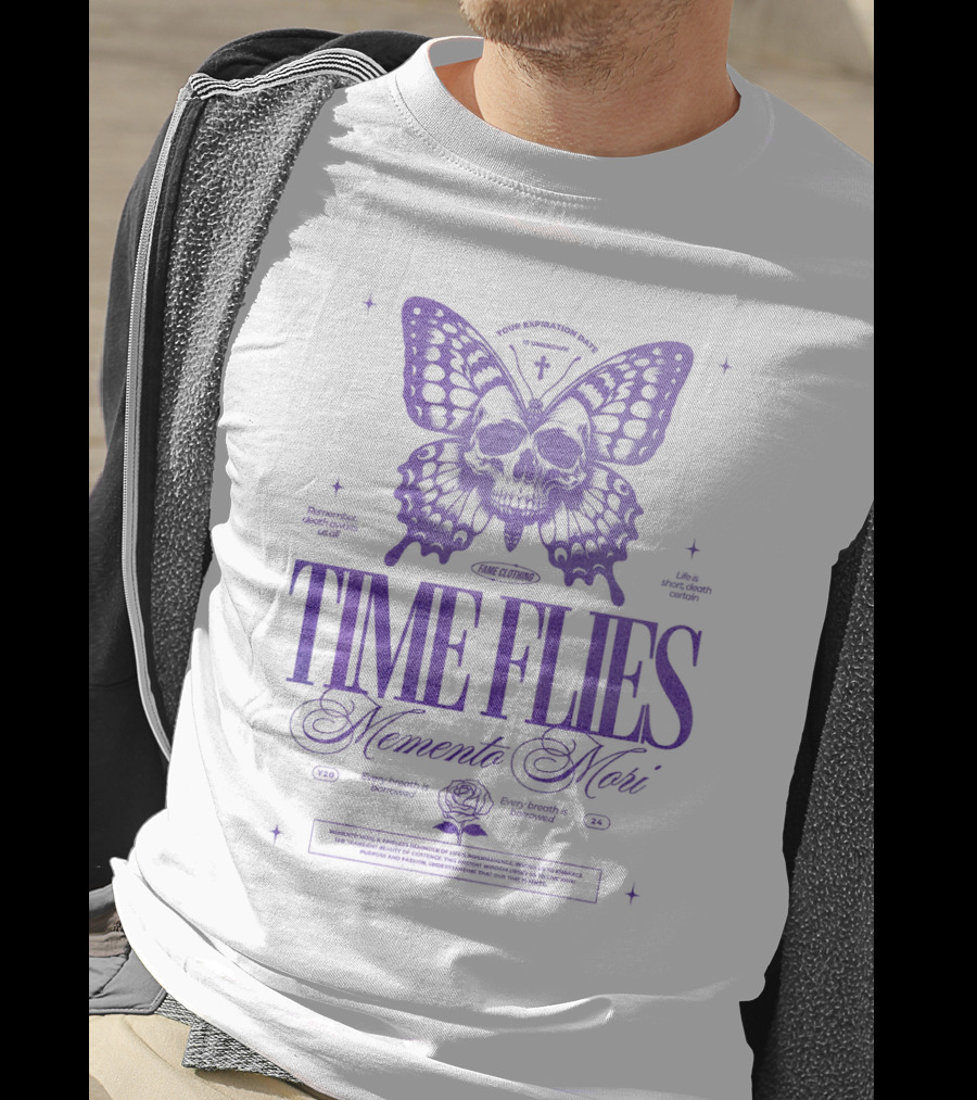TIME FLIES Memento Mori Butterfly Skull T-Shirt