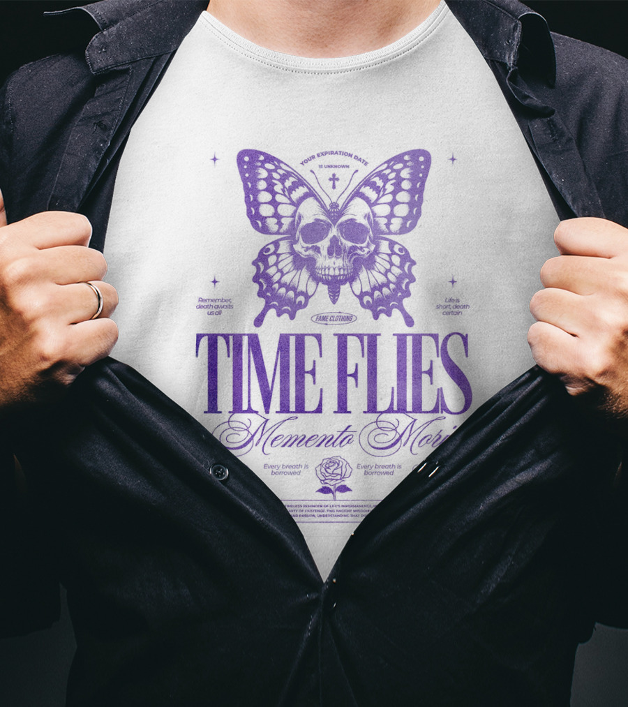 TIME FLIES Memento Mori Butterfly Skull T-Shirt