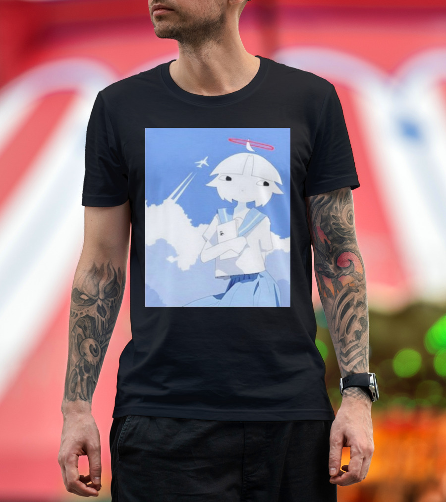 Chew’s District Clowdy Angelic Character Holding Notebook in Blue Sky with Airplane T-Shirt