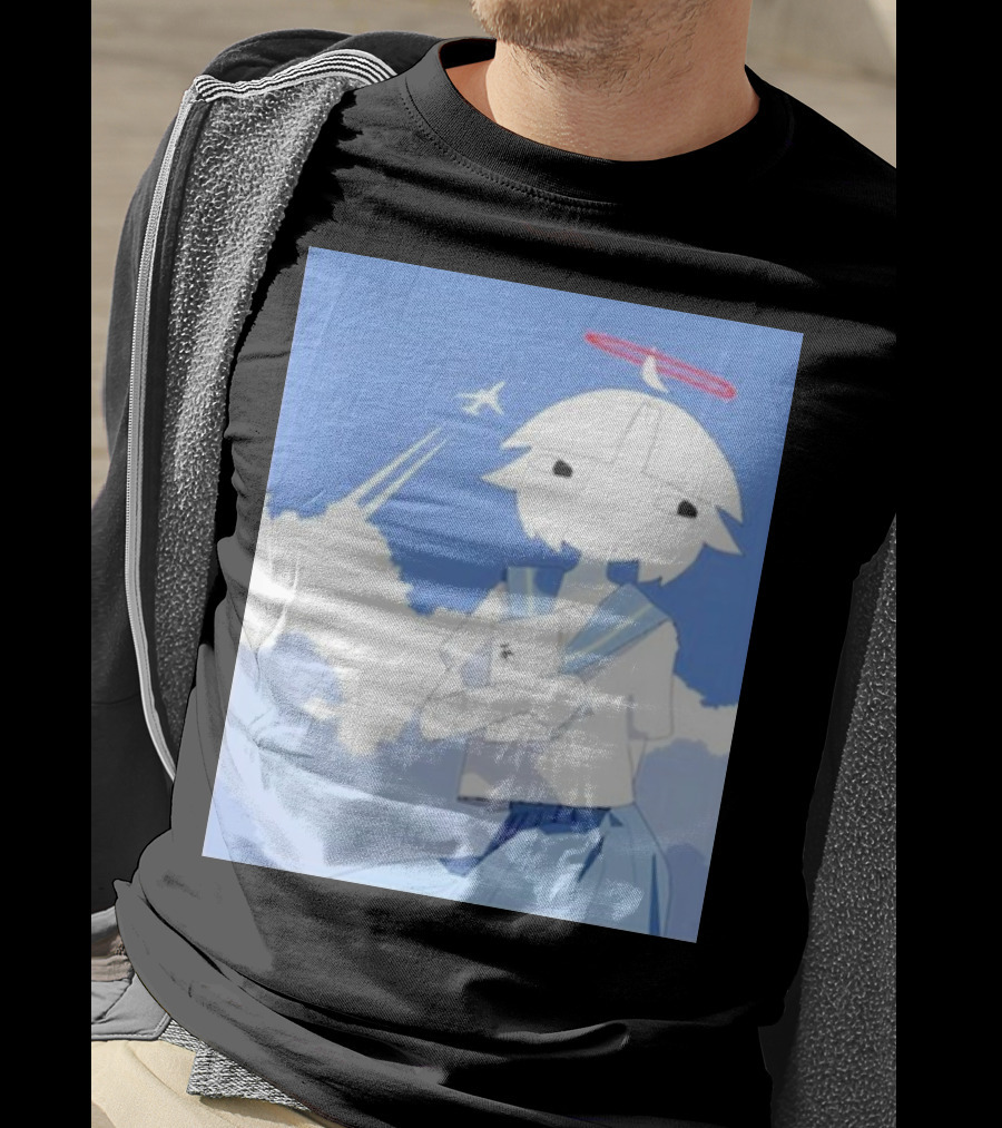 Chew’s District Clowdy Angelic Character Holding Notebook In Blue Sky With Airplane T-Shirt