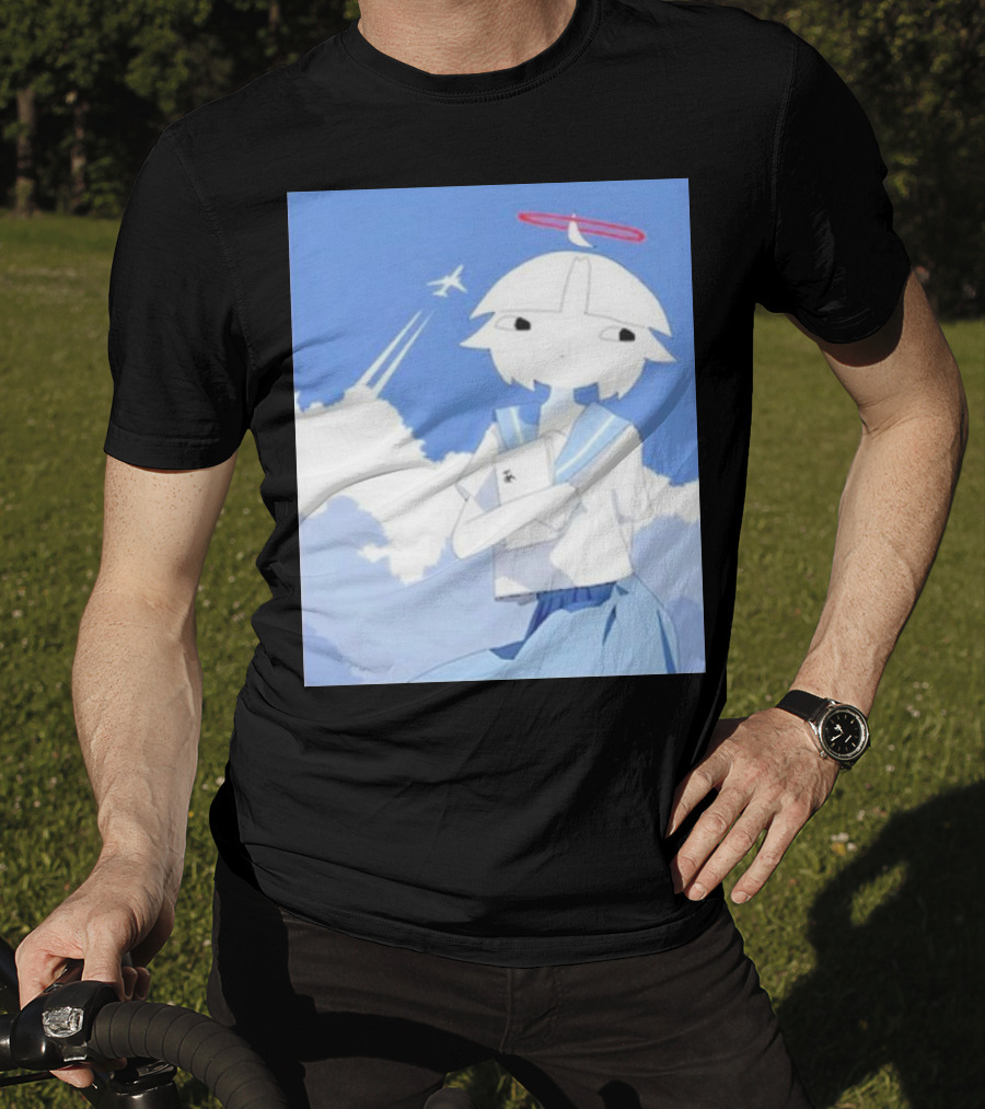 Chew’s District Clowdy Angelic Character Holding Notebook In Blue Sky With Airplane T-Shirt