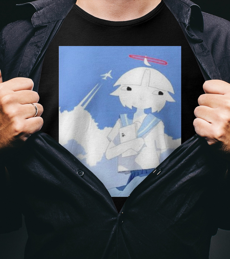 Chew’s District Clowdy Angelic Character Holding Notebook In Blue Sky With Airplane T-Shirt