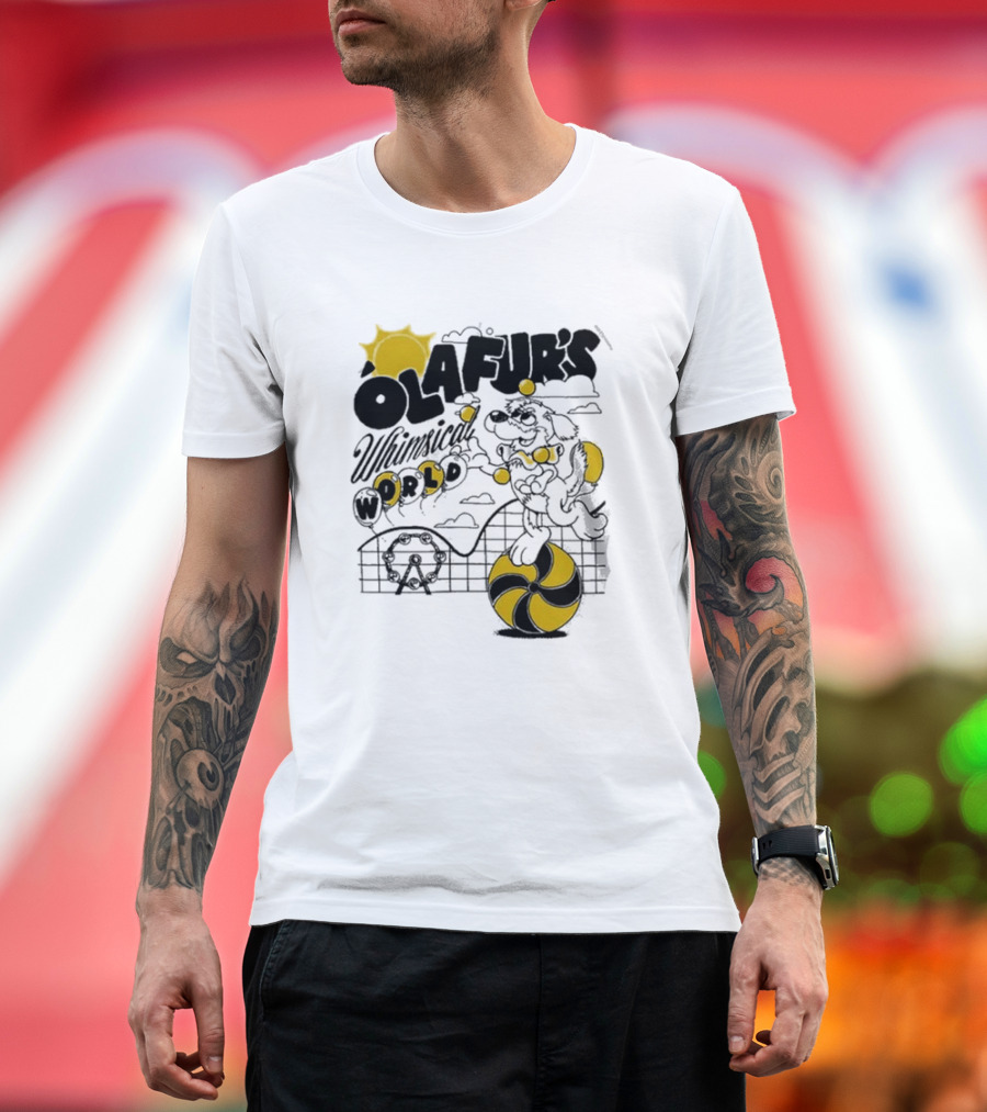 OLAFUR'S Whimsical World Amusement Adventure Design with Iconic Puppy and Ferris Wheel T-Shirt