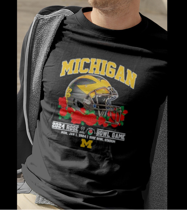 Michigan Football 2024 Rose Bowl Game Mon Jan 1 Rose Bowl Stadium Helmet Roses T-Shirt