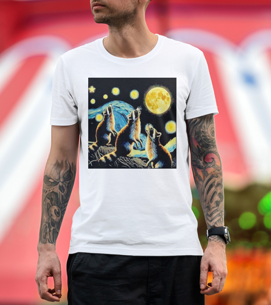Raccoons Howling at Full Moon Starry Night Trash Pandas T-Shirt