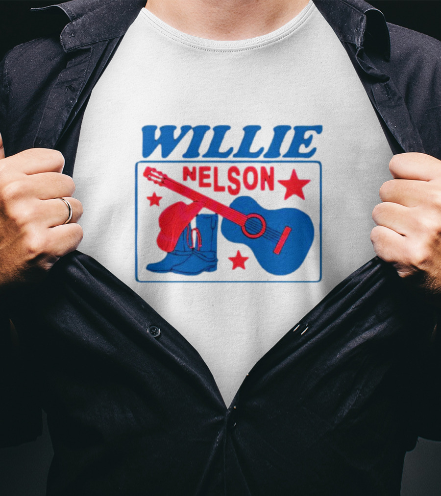 WILLIE NELSON Guitar Cowboy Boots Hat Stars T-Shirt
