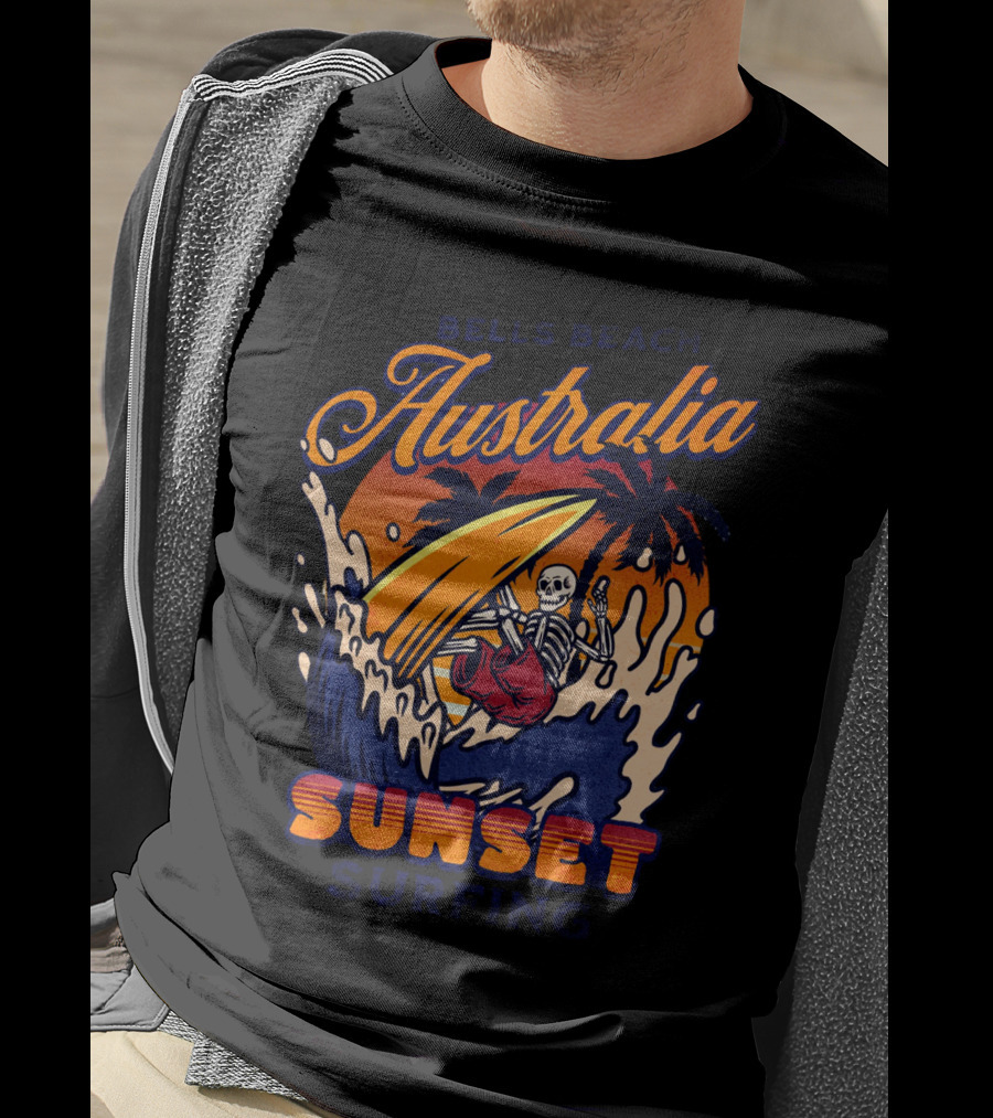 Bells Beach Australia Sunset Surfing Skeleton On Wave With Palm Trees T-Shirt