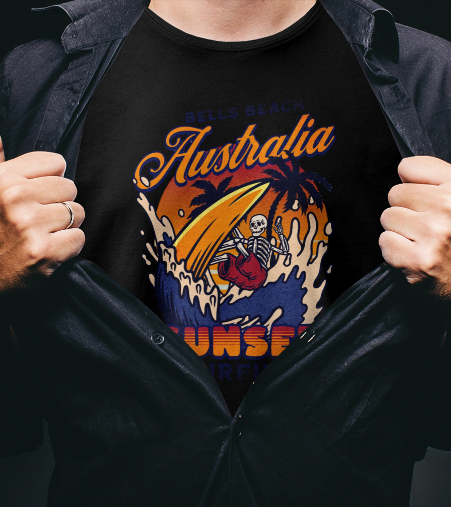 Bells Beach Australia Sunset Surfing Skeleton On Wave With Palm Trees T-Shirt