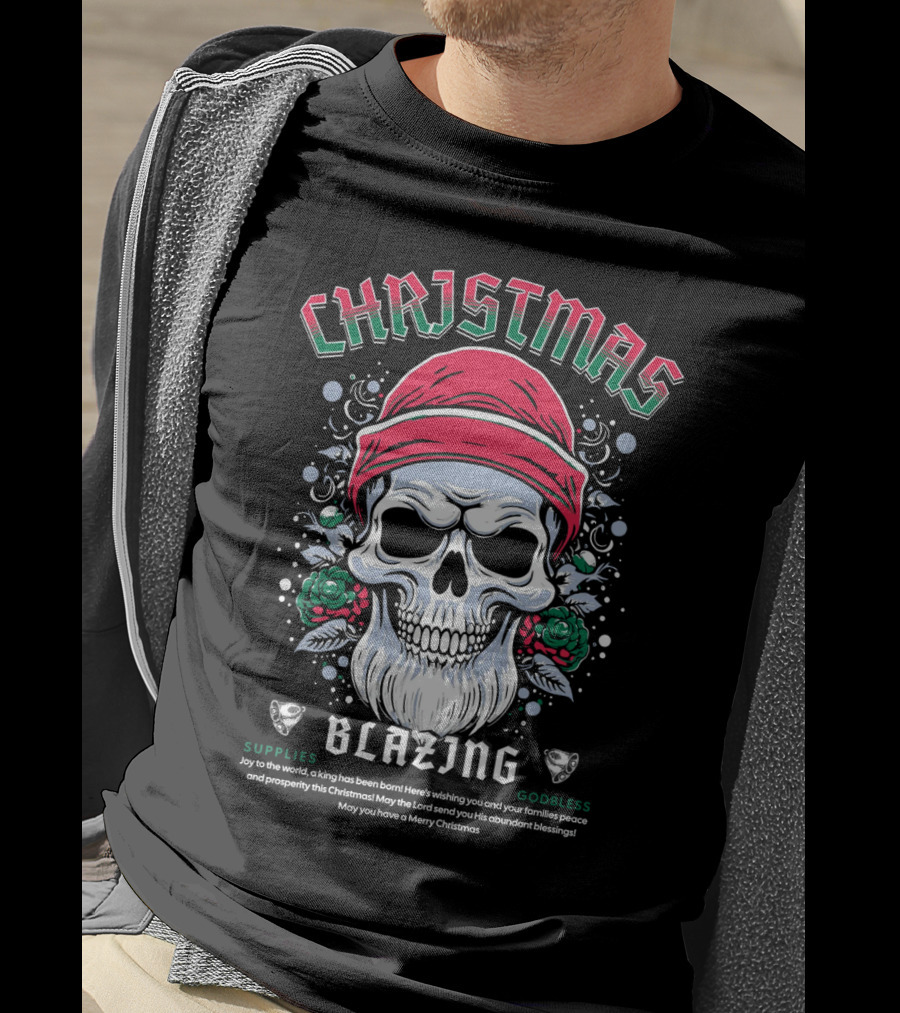 CHAJISMIS Blazing Skull Joy To The World Merry Christmas T-Shirt