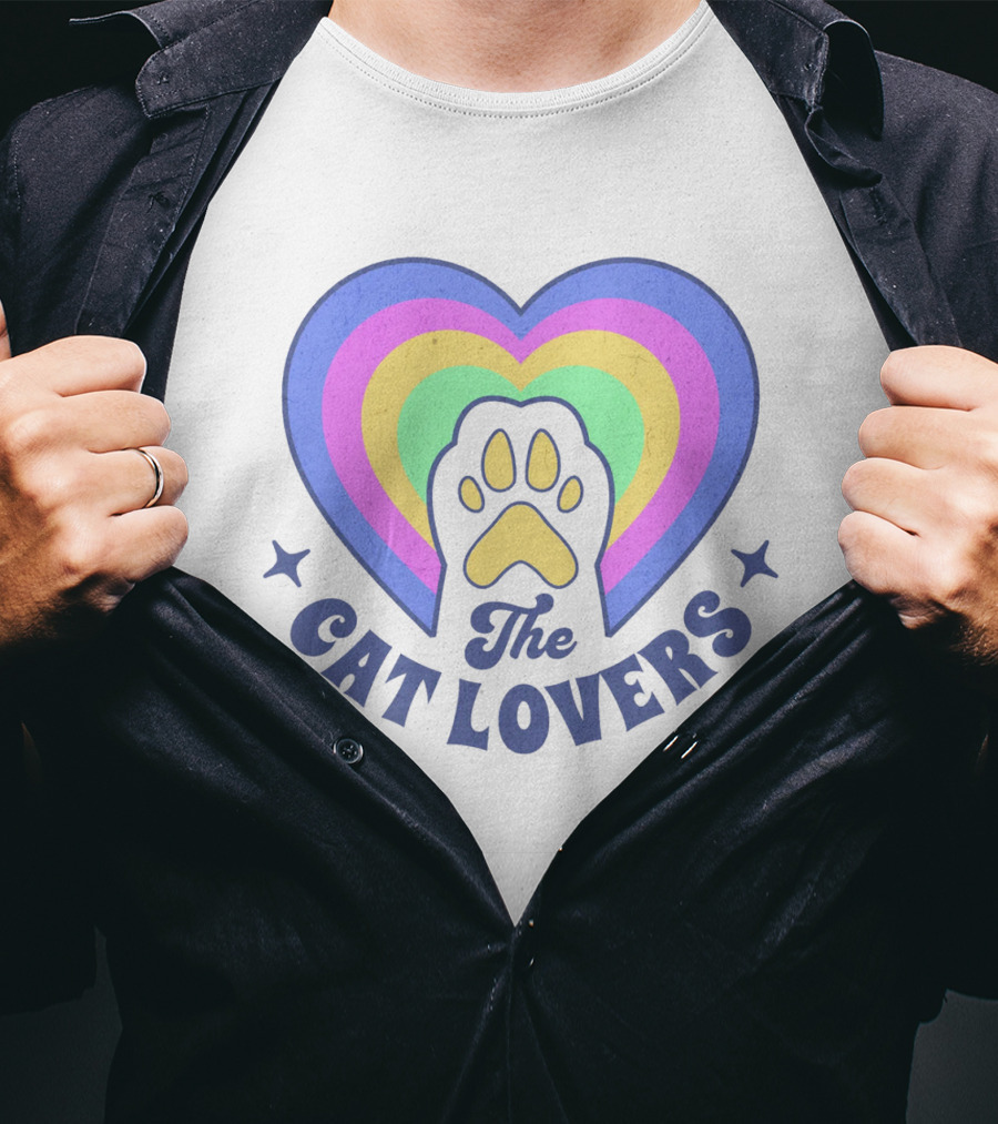 The Cat Lovers Paw In Rainbow Heart T-Shirt