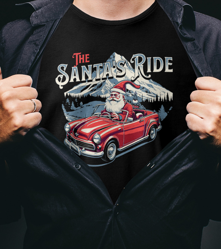 The Santa's Ride With Classic Red Convertible In Winter Mountain Scene T-Shirt