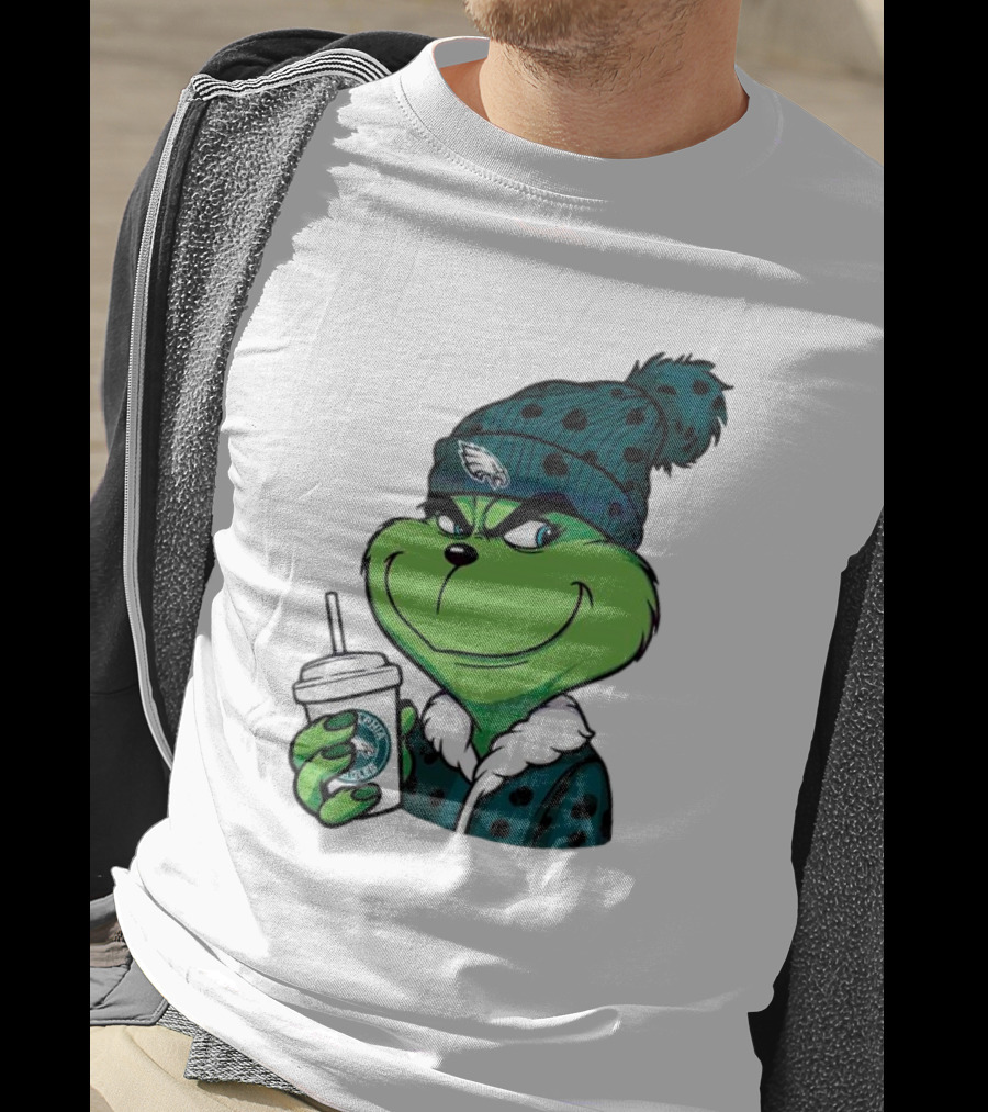 Grinch Holding Cup Wearing Philadelphia Eagles Beanie T-Shirt