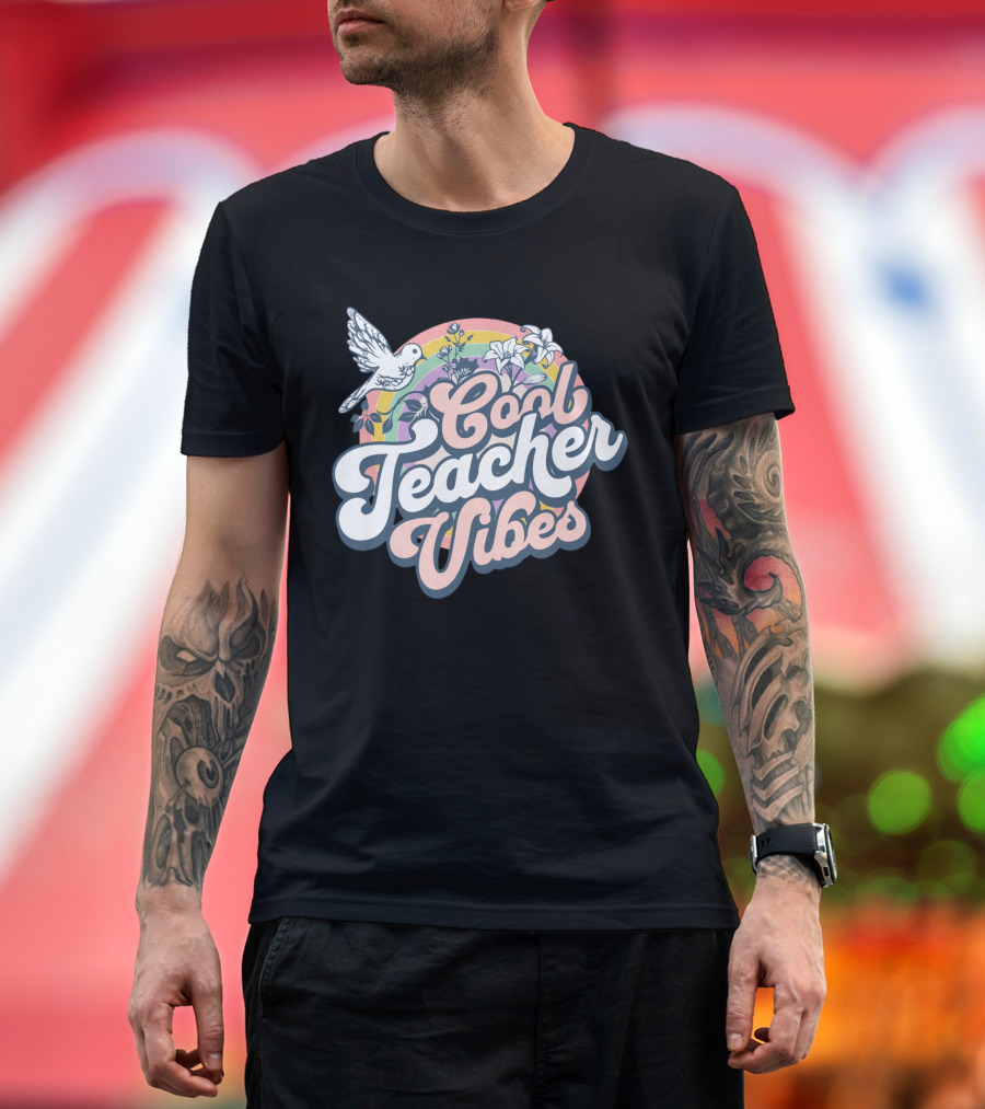 Cool Teacher Vibes Retro Rainbow Floral Design with Dove T-Shirt