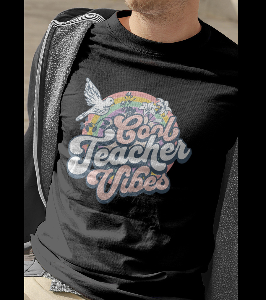 Cool Teacher Vibes Retro Rainbow Floral Design With Dove T-Shirt