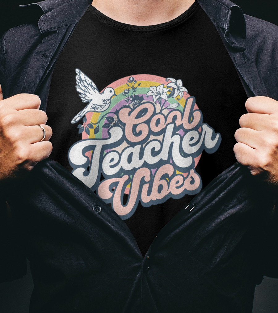Cool Teacher Vibes Retro Rainbow Floral Design With Dove T-Shirt