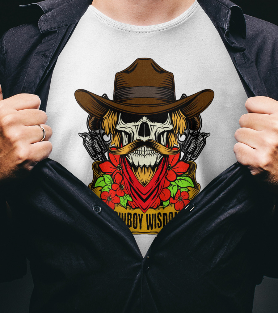 Cowboy Wisdom Skull Western Skeleton Bandana Pistols Flowers T-Shirt